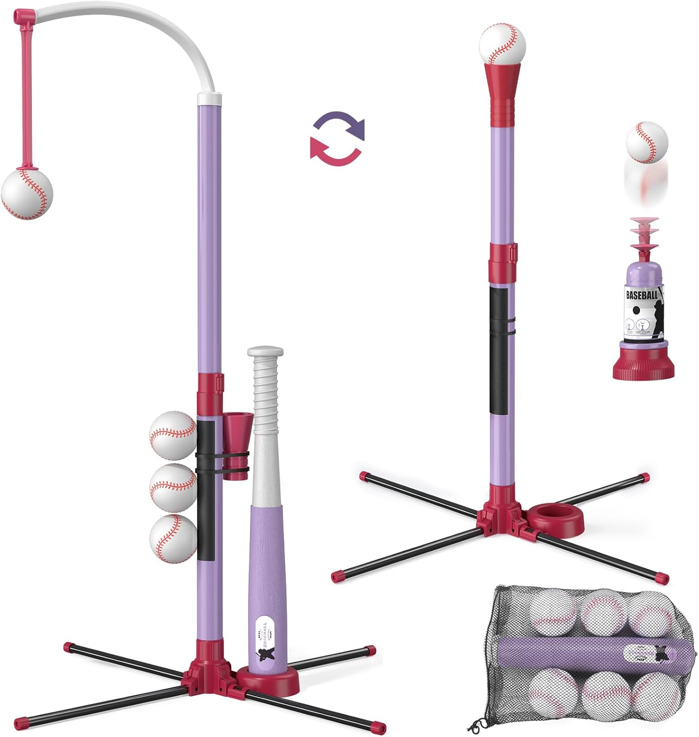 Wee Wonders 4 in 1 T-Ball Sets for Kids 3-5 with Toss and Catch Ball, Toddler Baseball with Auto Pitching Machine/6 Balls, Outdoor Sport Toys Gifts for Boys Girls