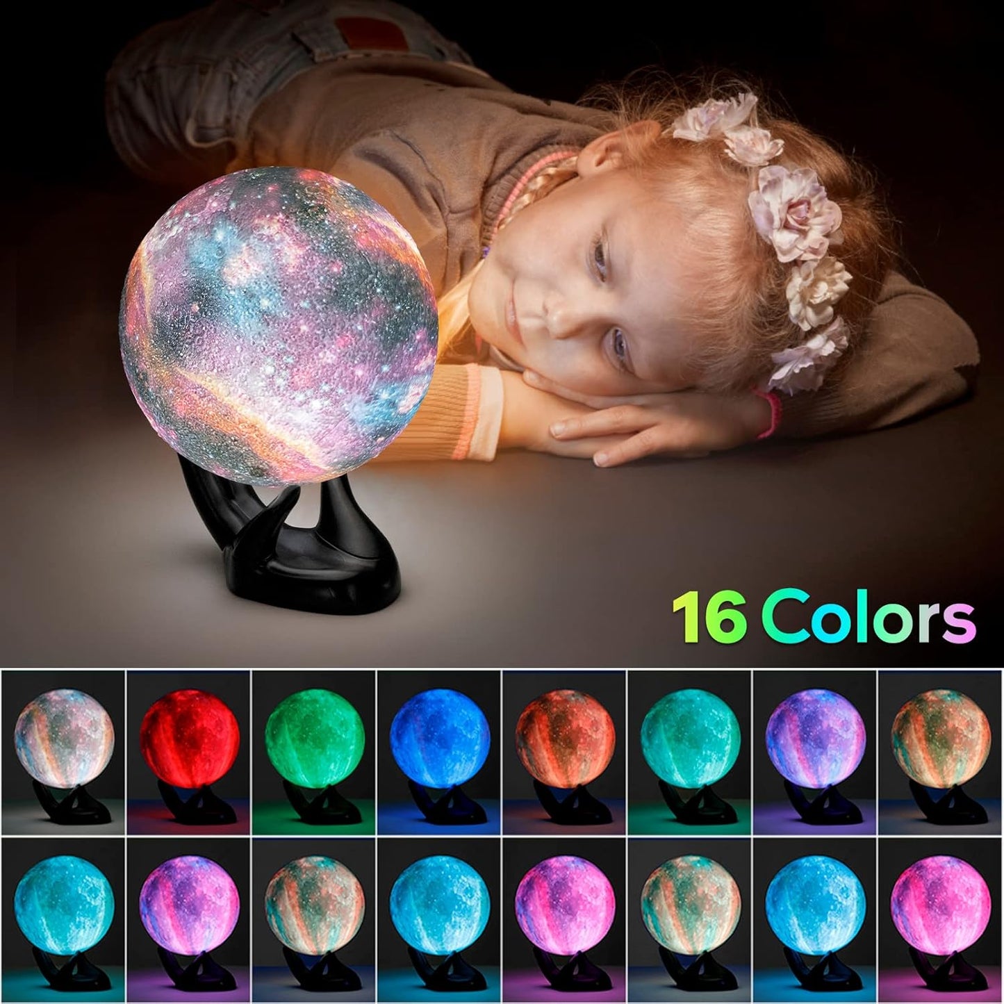 BRIGHTWORLD Moon Lamp Galaxy Lamp 5.9 inch 16 Colors LED 3D Moon Light, Remote & Touch Control Moon Night Light Gifts for Girls Boys Kids Women Birthday（Wooden Base）