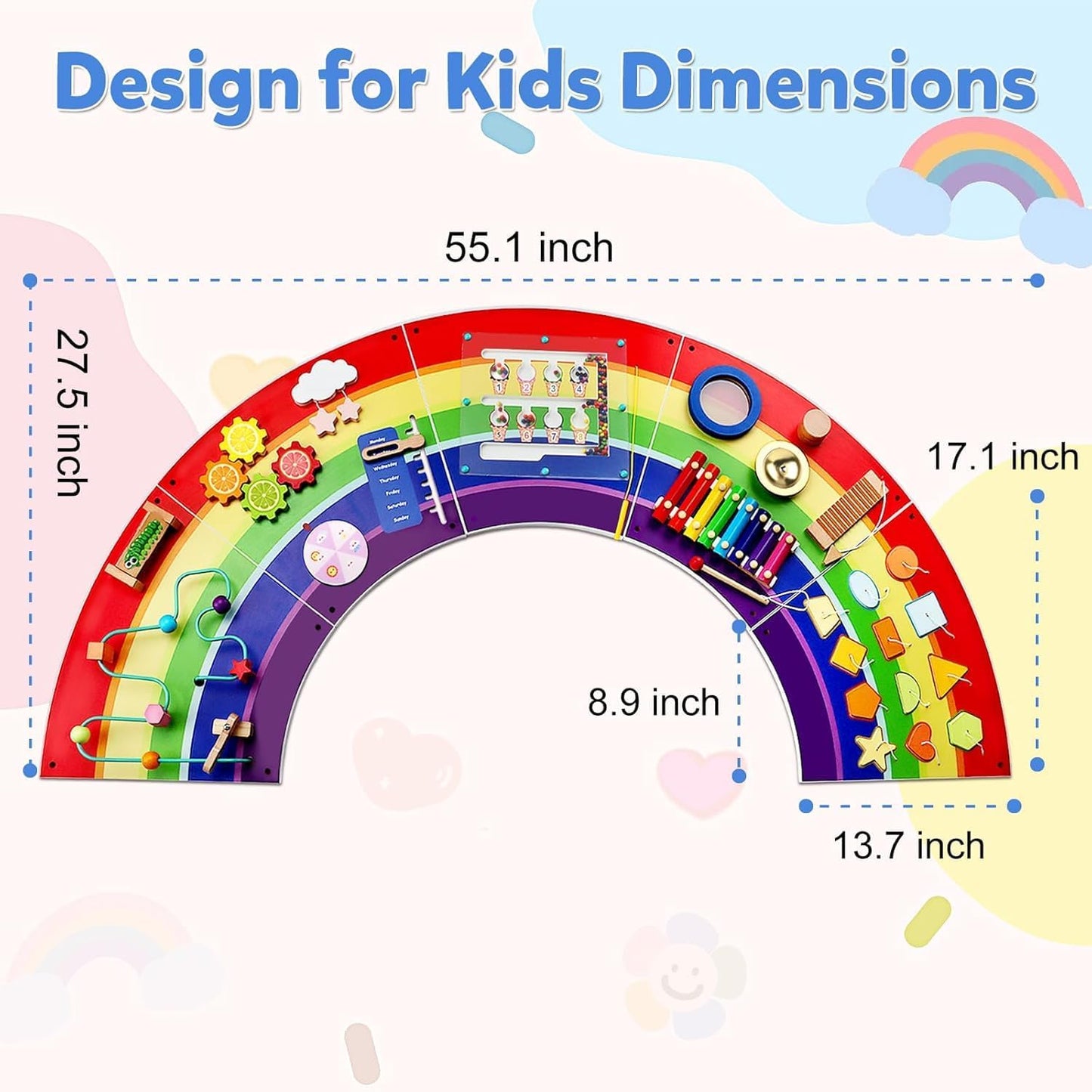 Rainbow Wall Busy Board for Kids: Wooden Montessori Activity Panel | 13-in-1 Sensory Learning Toys for Fine Motor Skills - Playroom & Nursery Essentials for Toddlers