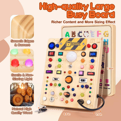 25 in 1 Busy Board with 13 LED Light Switches and 12 Activity, Montessori Toys for 1 2 3 Years Old, Wooden Sensory Board, Toddlers Travel Toys for 1+ Year Old Boy & Girl Birthday Gift（Extra-Large）