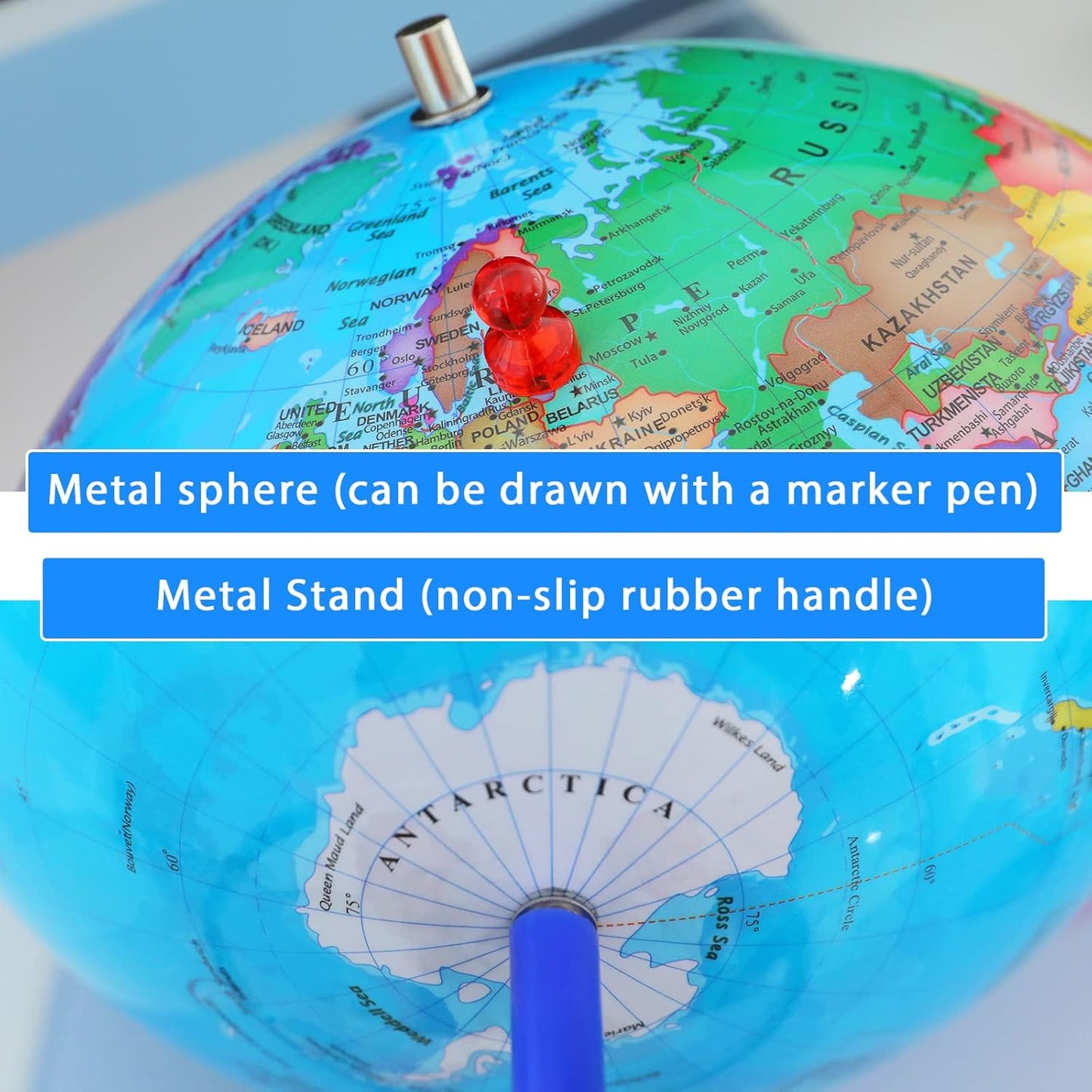 BSHAPPLUS World Globe with Stainless Steel Stand 13 inch, 720 Rotating & HD Waterproof Material, Teaching/Geographic/Decorative Globes with Clear Text for Elementary, Classroom, Home, School, Office