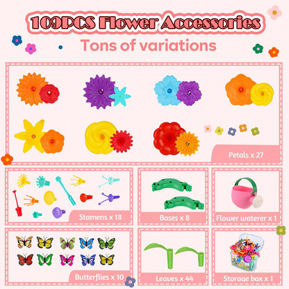 FUNZBO Girl Flower Garden Building Toys Set - Birthday Gifts for Age 2 3 4 5 6 Years Old Girls, STEM Montessori Educational Toy for Toddler Kids, Sorting & Stacking Spring Gardening Set