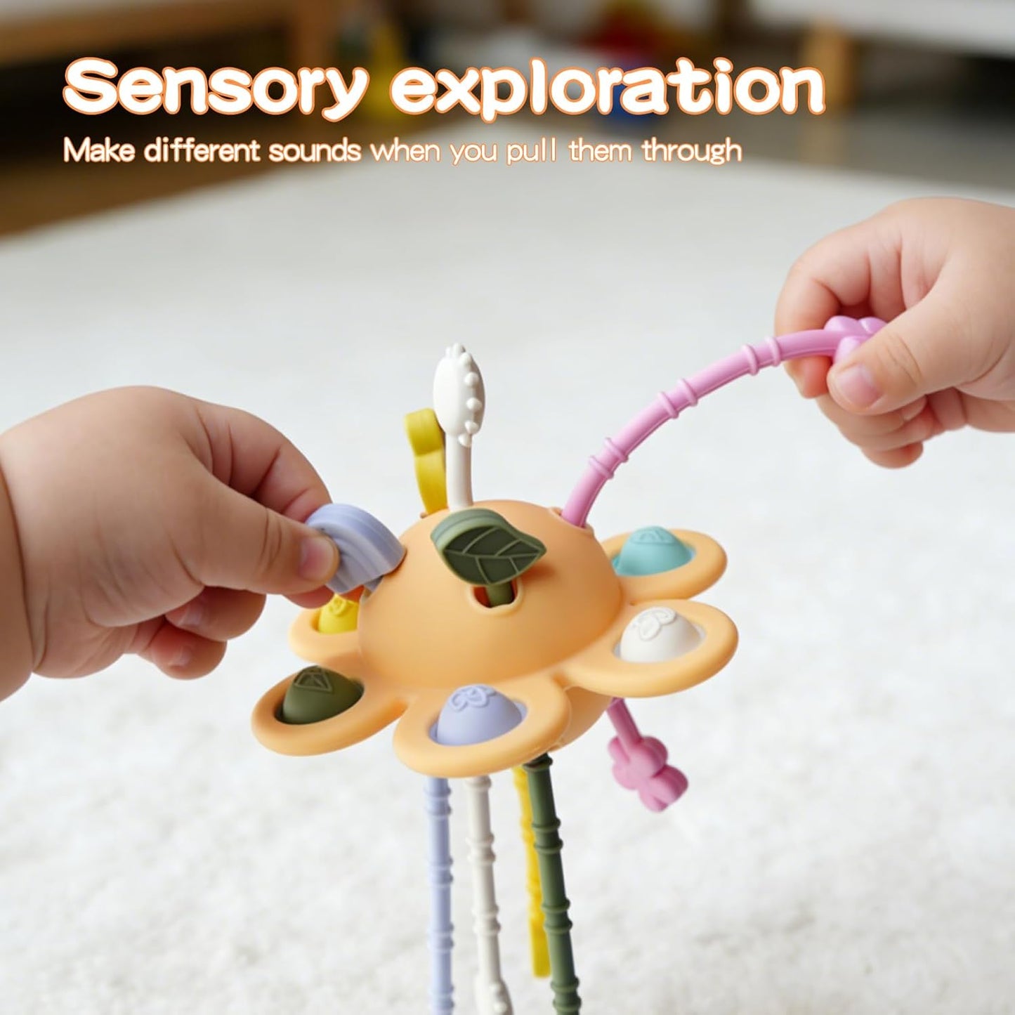Food Grade Silicone Pull String Baby Toy, Montessori Pull String Sensory Toy for 18 Months Babies Teething Toys (Navy Blue)