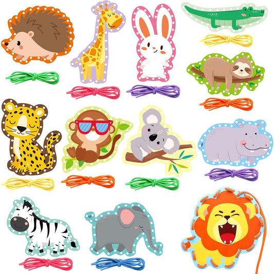 kapitomanio 12pcs Kids Lacing Cards, Cardboard Animals Sewing Cards with 12 Colorful Laces, Double Sided Lacing Playing Games for Kids Gifts