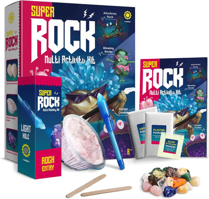 EDUMAN Super Rock Multi Activity Kit - 24 Genuine Rock Specimens, Geode Making & Crystal Growing STEM Science Toy for Kids Ages 8+ - Includes UV Light, Magnifying Glass & Darkroom Observation Box