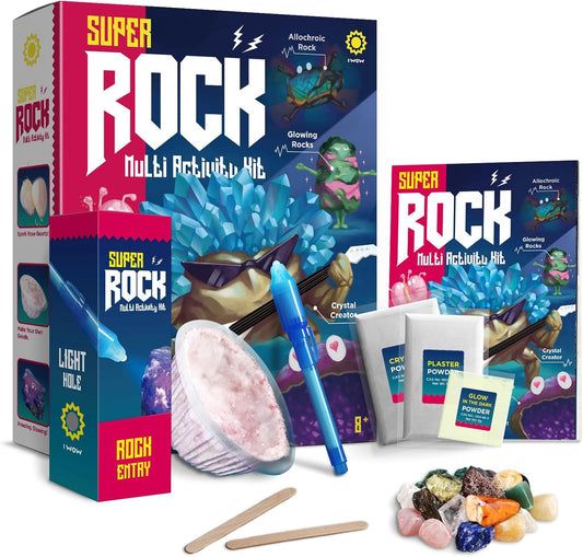 EDUMAN Super Rock Multi Activity Kit - 24 Genuine Rock Specimens, Geode Making & Crystal Growing STEM Science Toy for Kids Ages 8+ - Includes UV Light, Magnifying Glass & Darkroom Observation Box