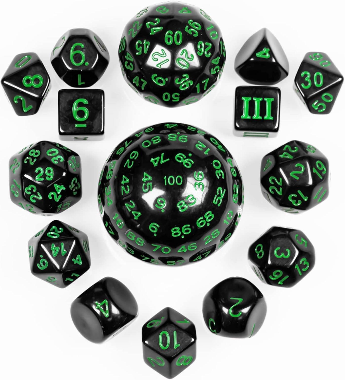 15 Pieces Complete Polyhedral DND Dice Set D3-D100 Spherical D&D Dice Set with Dragon Eye Dice Bag, D100 Dice for RPG Table Games(Black w/Purple Numbers)