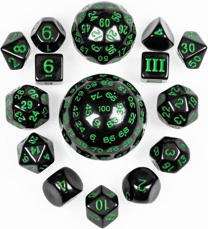 15 Pieces Complete Polyhedral DND Dice Set D3-D100 Spherical D&D Dice Set with Dragon Eye Dice Bag, D100 Dice for RPG Table Games(Black w/Purple Numbers)