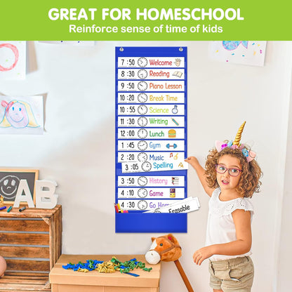 Eamay Daily Schedule Pocket Charts, Teaching Chart, Hoom, Eamay Daily Scheduling Pocket Chart with 13+1 Pockets, 18pcs Dry Erase Cards and 2 Hooks (Black-2)