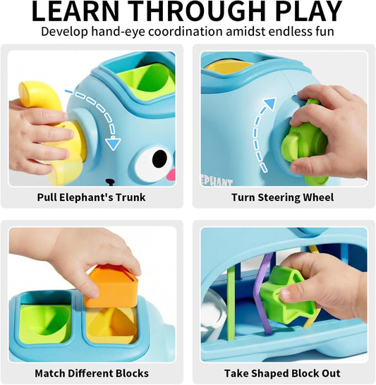 SOCBTNSO Elephant Interactive Shape Sorter Toys for 18 Months+, Montessori Matching & Sorting Toys with 6 Sensory Shape Blocks, Developmental Infant Birthday Gifts for Learning Toddler