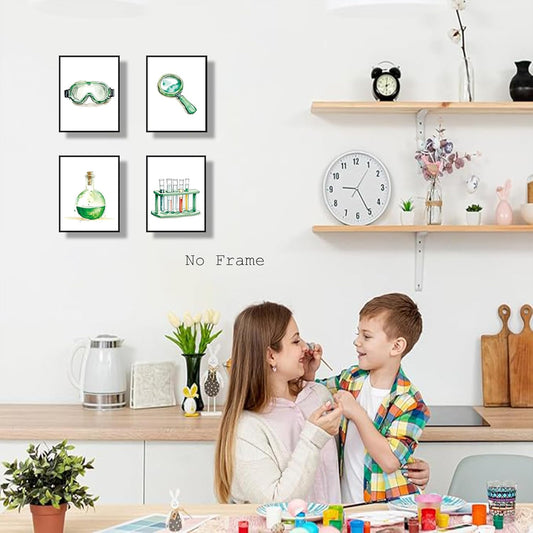 ZRYF Science wall art Prints,Green and Interesting Science Explore Canvas Posters,Chemistry Classroom Wall Prints for Laboratory Kids Classroom Bulletin Board Decor,Set of 4 (8"x10" Unframed)