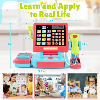 PLAY Kids Cash Register Toy - Pretend Play Calculator Register Toys with Microphone/Conveyors/Play Money/Scanner/Credit Card/Cans/Drink, 3+ Toddler Develops Early Math Skills Learning Toys