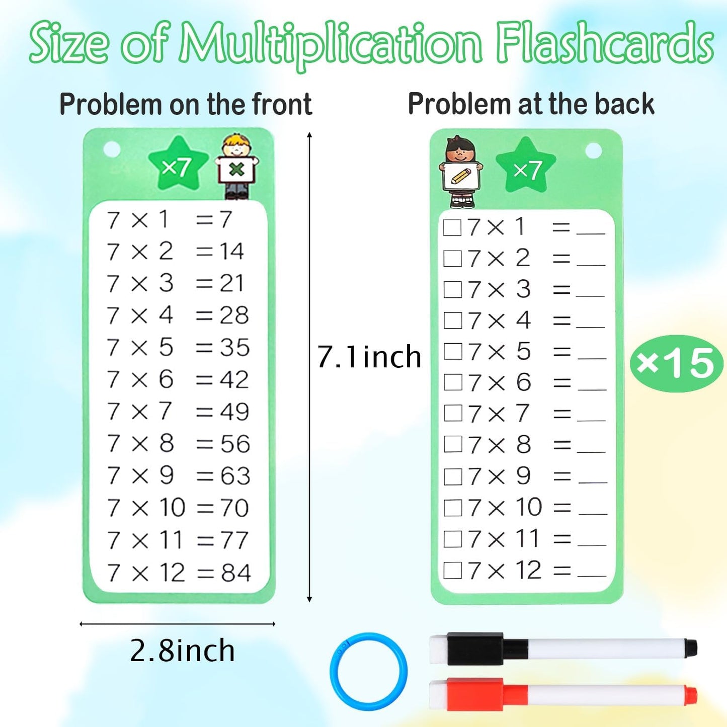 0-12 Multiplication Flash Cards, Large Educational Math, Times Table Flashcards Chart, with 15 Cards, 2 Dry Erase Markers, 1 Rings, Educational Multiplication for Classroom Home