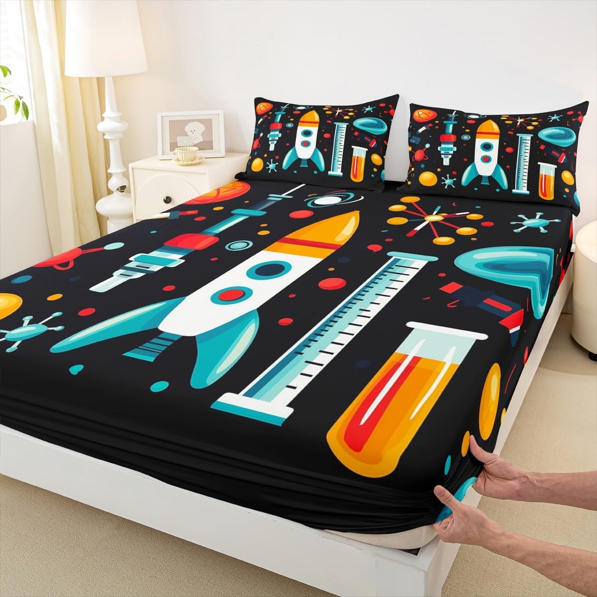 Chemistry Bed Sheets for Kids Teens Girls Boys,Chemical Experiment Fitted Sheet Twin,Science Themed Sheets for Math Lovers,Chemistry Lab Bedding Set,White and Black