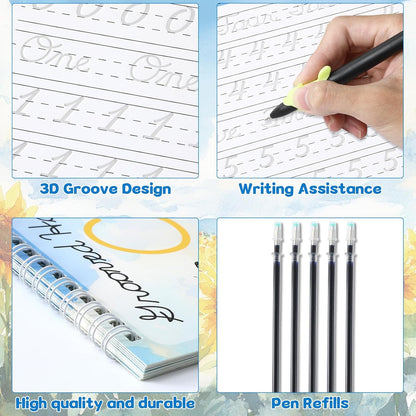 chiazllta Grooved Cursive Handwriting Workbook with Disappearing Ink Pens Magic Reusable Grooved Cursive Writing Practice for Beginners Kids Kickoff Student Workbook Homeschooling Supplies (Letters)