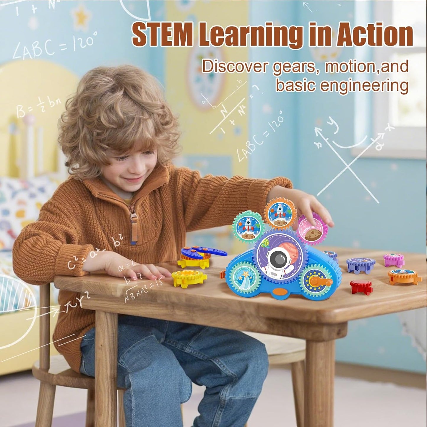 STEM Gears Toys for Kids Ages 3+, Creative Learning Building Blocks, 13Pcs Educational Construction Toy Set, Electric & Manual Dual Mode, Versatile Gear Playset Gift for Boys & Girls
