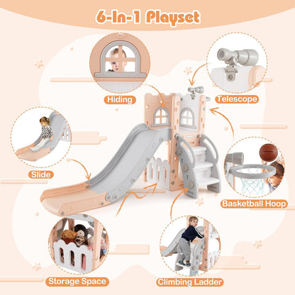 BABY JOY Toddler Slide, 6-in-1 Indoor Kids Slide Playset with Basketball Hoop, Telescope, Climbing Ladder & Storage Space, Freestanding Playhouse & Climber for Kids Aged 1-3 (Pink)
