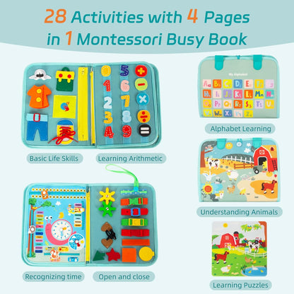WOODENFUN Busy Board Montessori Toys for Boy Girl Birthday Gifts, Busy Book Learning Sensory Easter Toys for Toddlers, Toddler Travel Autism Educational Activities Fine Motor Skills