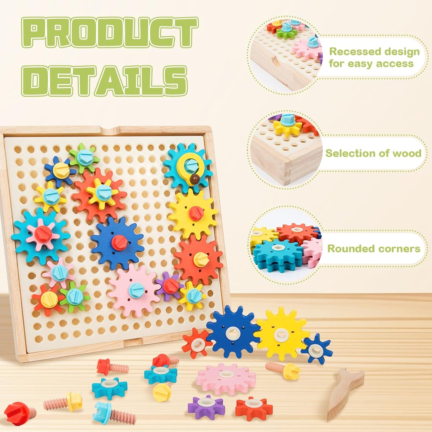 Adena Montessori Wooden Spinny Gears Toys for Kids,64-Piece Gears and Screws Set,Includes Wooden Wrench and 11.2×11.2in Gear Board,24 Challenge Cards,Educational Leaning Toy for 3-6 Years Old Toddler