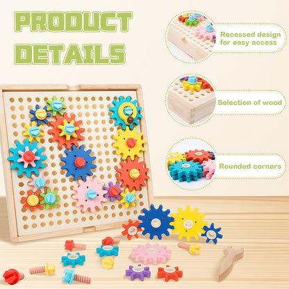 Adena Montessori Wooden Spinny Gears Toys for Kids,64-Piece Gears and Screws Set,Includes Wooden Wrench and 11.2×11.2in Gear Board,24 Challenge Cards,Educational Leaning Toy for 3-6 Years Old Toddler