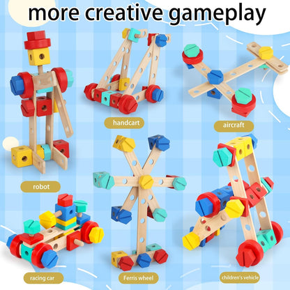 LOVELAND Wooden Nut & Bolt Building Toy for Kids Montessori STEM Construction Set with Tools, Educational Building Blocks for Toddlers Ages 3+ (Boys & Girls)
