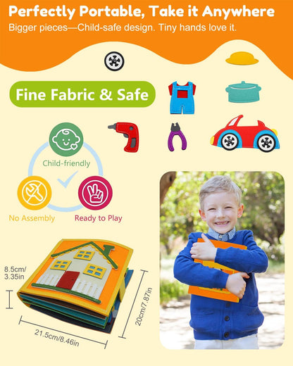 Felt Busy Book for Toddlers 1-3, Montessori Busy Board for 1 Year Old, Quiet Book Airplane Travel Toys, Sensory Early Learning Educational Toy, Road Trip Activity Books, Girls Birthday Gifts