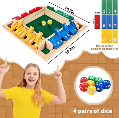1-4 Players Shut The Box Dice Game, 10 Numbers Traditional Wooden Pub Bar Board Family Table Mat Game Dice for Adults