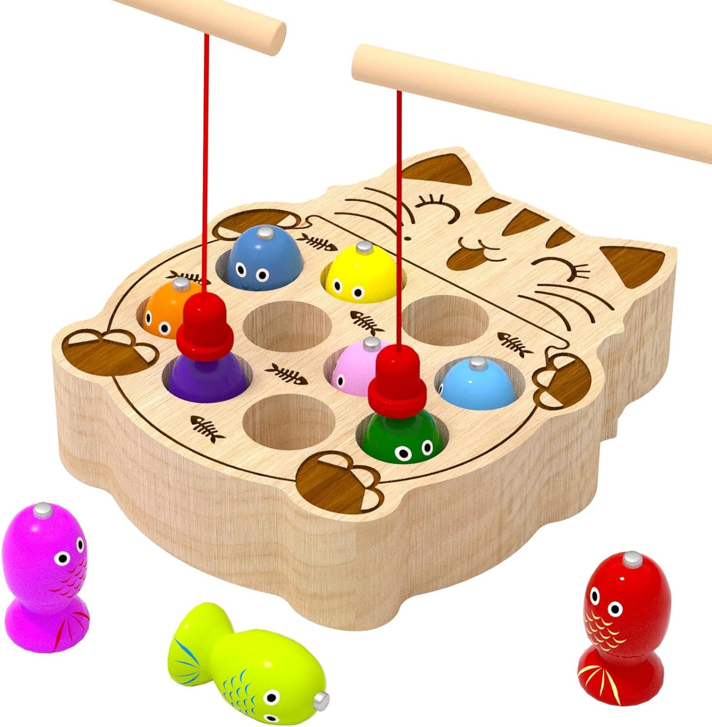 Wooden Magnetic Fishing Game for Toddlers 1-3, Montessori Sensory Busy Board Fine Motor Skills Toys for 1 2 3 Years Old Boys Girls (Frog B-Fish Game)
