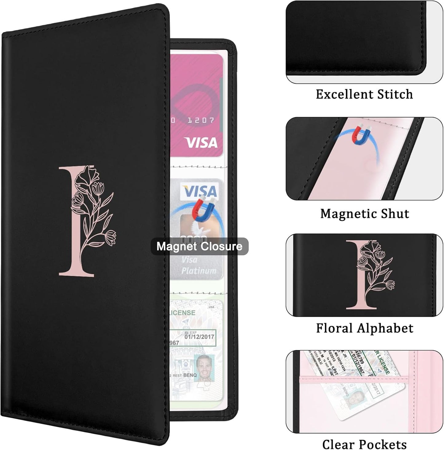 Letter Car Registration and Insurance Holder, with Magnetic Closure for License, Cards and Documents,Vehicle Glove Box Car Organizer, Interior Car Accessories for Women Men (I)
