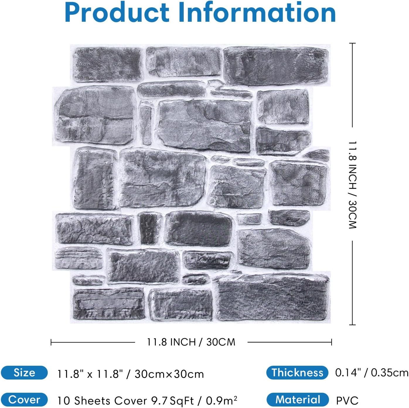 COMSTICKC 3D Faux Gray Stone Wall Sticker Peel and Stick Wall Panels,10 Pcs of 12"X12",Ultra-Light Thin PVC Decorative Tiles Rocks Stone Backsplash Interior Decor,Paintable