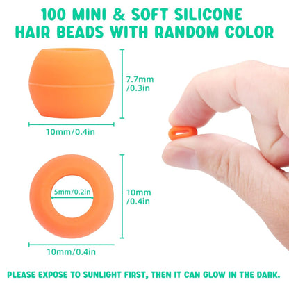SEVENKA 100 Small Silicone Hair Beads Glow in Dark, 5mm Colorful Soft Micro Silicone Hair Beads for Girls Braids, 2 Plastic Quick Beaders for Hair Braids, 50 Elastic Rubber Bands