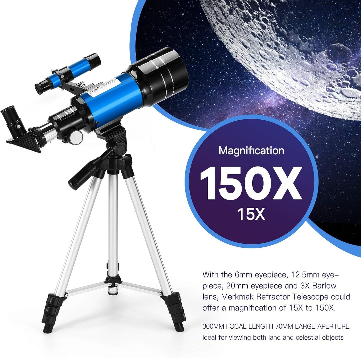 Telescope for Kids & Adults, 70mm Aperture 300mm Telescopes for Astronomy Beginners, 15X-150X Magnification Portable Refractor Telescope with Adjustable Tripod, Phone Adapter