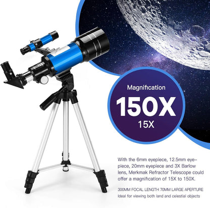 Telescope for Kids & Adults, 70mm Aperture 300mm Telescopes for Astronomy Beginners, 15X-150X Magnification Portable Refractor Telescope with Adjustable Tripod, Phone Adapter