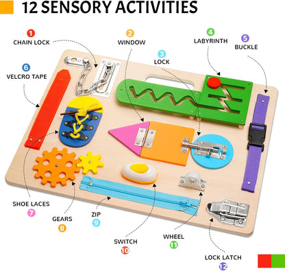 Montessori Busy Board for Toddlers, Wooden Sensory Toys, Preschool Learning Activities for Fine Motor Skills Travel Toy, Basic Life Skills Educational Gifts for 1 2 3 Years Old Kids Boys Girls