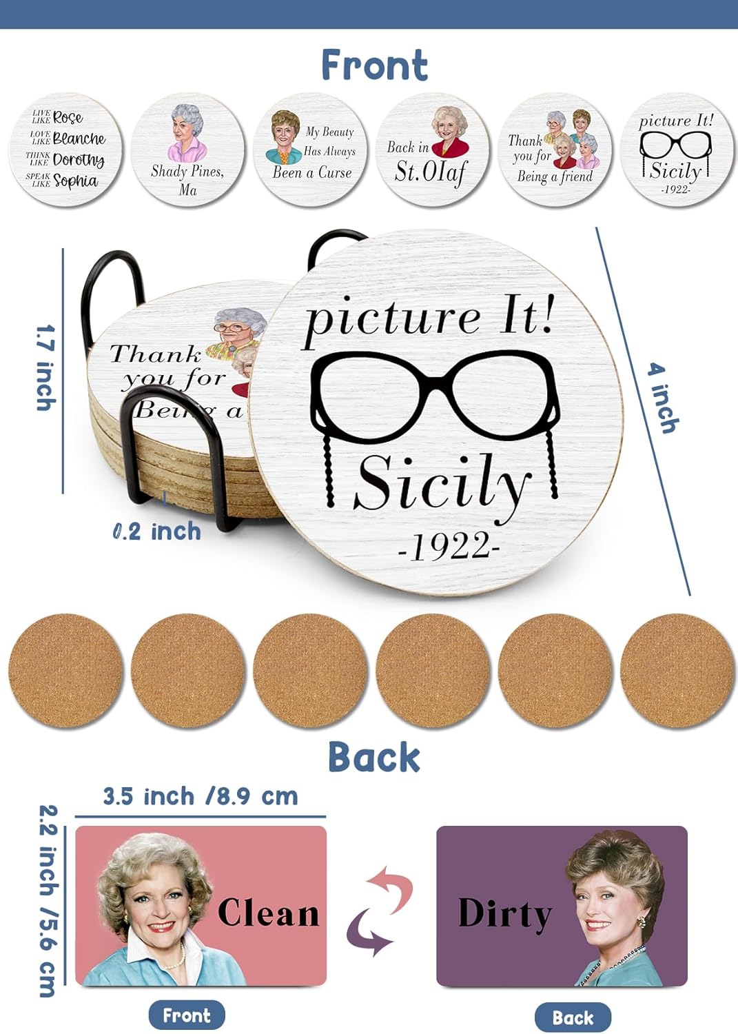 Golden Girls TV Show Merchandise,6 PCS Cork Coasters for Drinks,Funny Set with Coasters Holder,Golden Girls Fans Clean Dirty Dishwasher Magnet,Refrigerator Sign Kitchen Decor Gifts