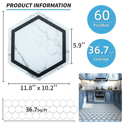 Art3d 10-Pack Hexagon Peel and Stick Flooring Tile Marble Look, Self Adhesive Waterproof Vinyl Floor Tile for Living Room, Kitchen, Bathroom, Bedroom, 11.8" x 10.2" White Marble