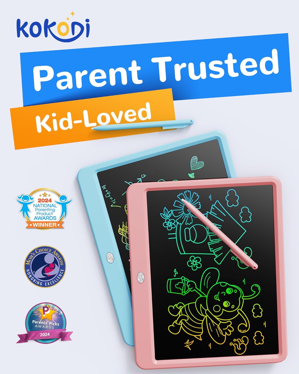 KOKODI LCD Writing Tablet, 12 Inch Colorful Toddler Doodle Board Drawing Tablet, Erasable Reusable Electronic Drawing Pads, Educational and Learning Toy for 3-6 Years Old Boy and Girls(Blue)