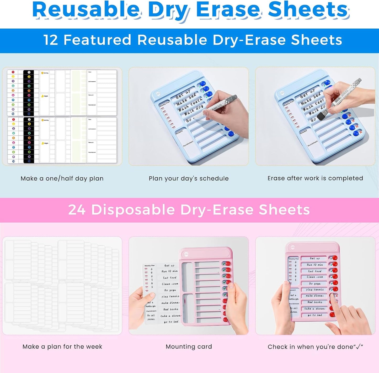 Magnetic Chore Chart for Kids, ADHD Tools for Kids to Do List Checklist Task Board Routine Chart Visual Schedule for Fridge with 10 Sliders and Magnetic Marker - White