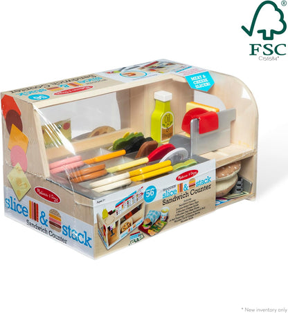 Melissa & Doug Slice-Stack-Serve, Wooden Sandwich Counter Pretend Play Store with Play Food Toys, Play Money & Deli Slicer, Preschool Toys for Kids 3+