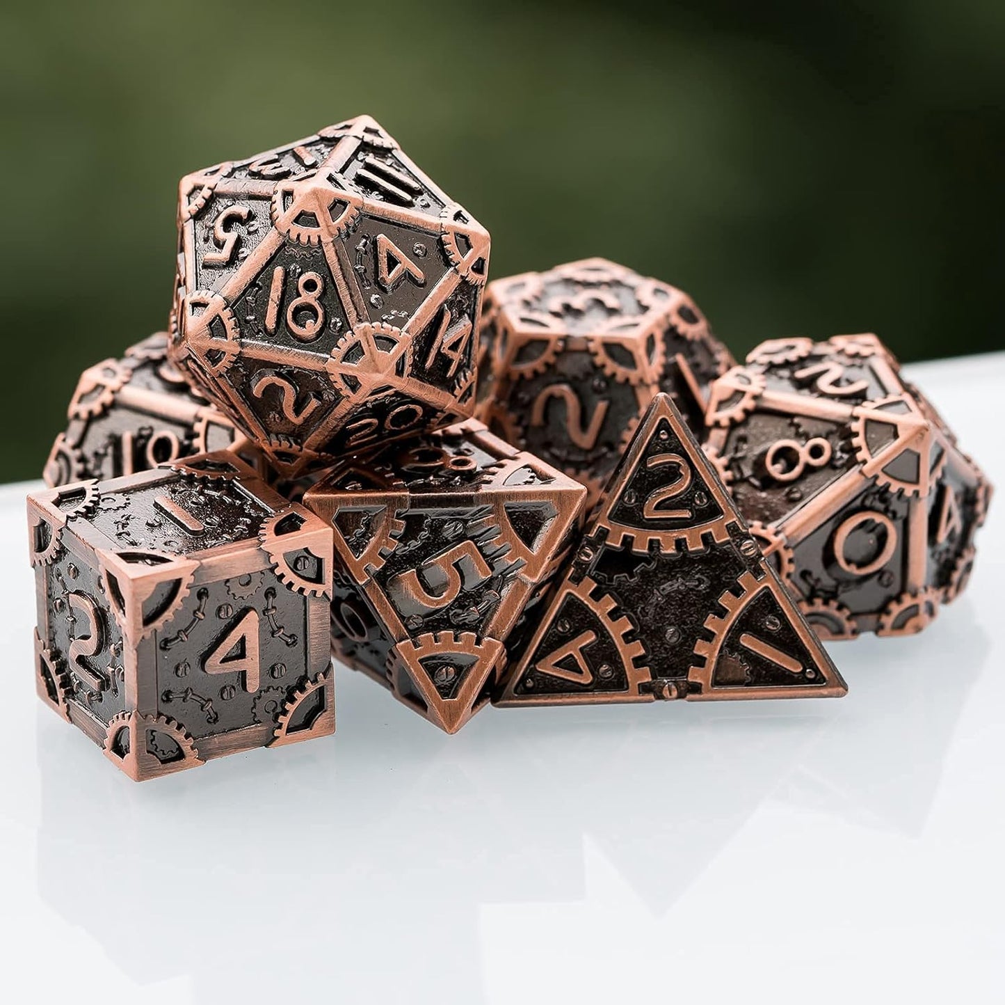 UDIXI Steampunk Metal Dice Set, 7 Die Polyhedral DND Dice Set for D&D Role Playing Game and Math Teaching (Ancient Copper)