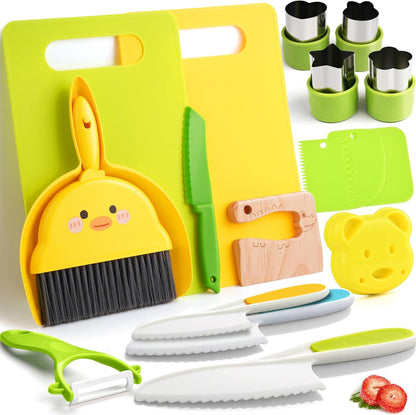 13 Pieces Montessori Kitchen Toys for Toddlers-Kids Cooking Sets Real-Toddler Toys Set for Real Cooking with Plastic Children Safe Knives Crinkle Cutter Kids Cutting Board