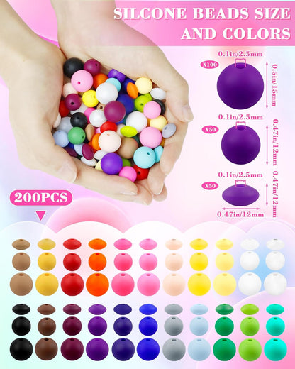 200Pcs FIVEIZERO Mixed Silicone Beads for Keychain Making, 12mm 15mm Round and 12mm Lentil Silicone Beads for Pens Bracelet Necklace DIY Crafts(Black)