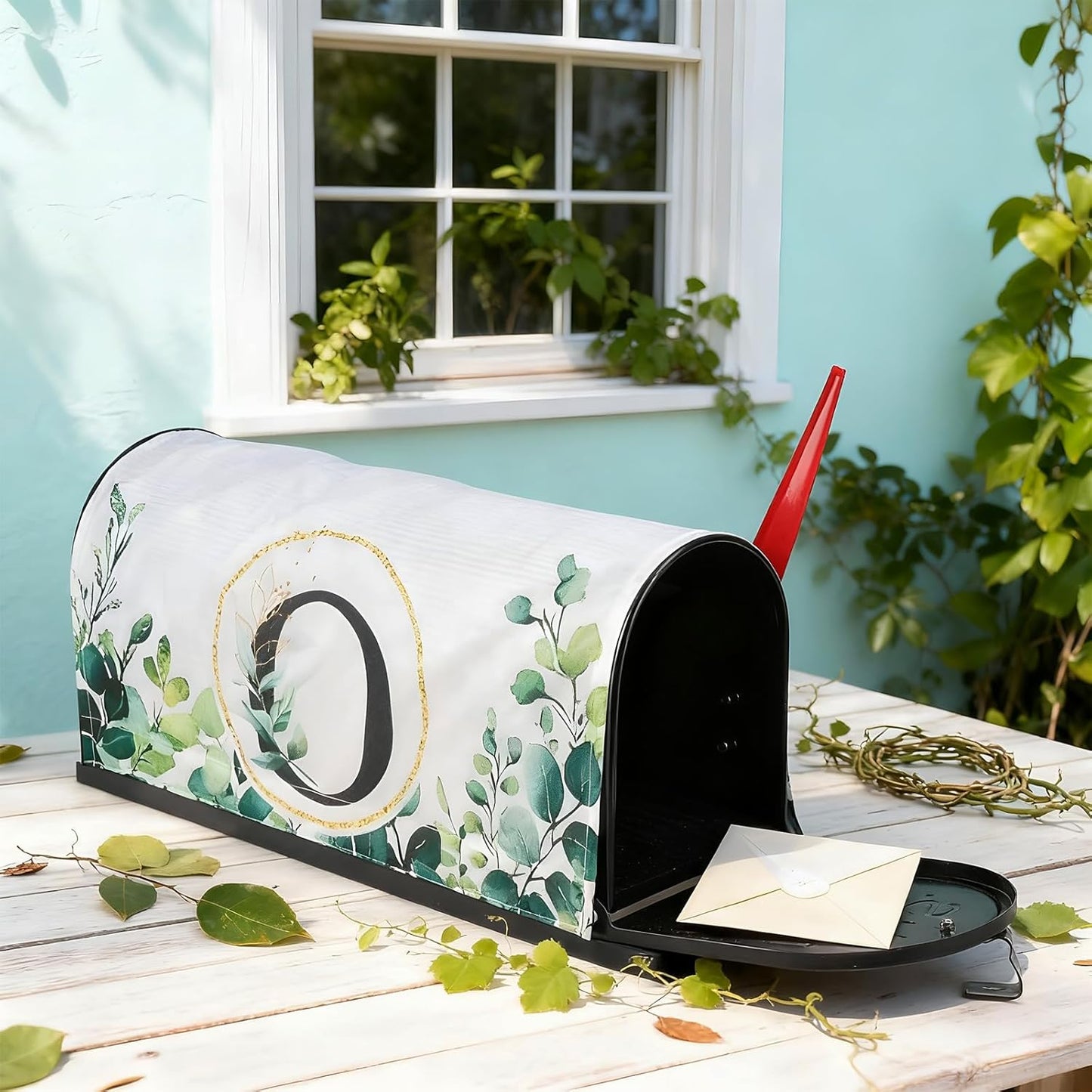 Tiamon Monogrammed L Mailbox Covers Magnetic Eucalyptus Welcome Letter Box Wrap Standard Size 21x18 Inch Spring Summer Leaves Mailbox Decor Eucalyptus Letter Numbers Decoration for Outdoor Garden Yard
