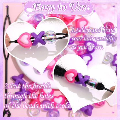 60PCS Purple Braids Beads 3 Styles Dreadlock Bead Accessories Cute Hair Jewelry AB Round Bead Decoration for Kids Girls
