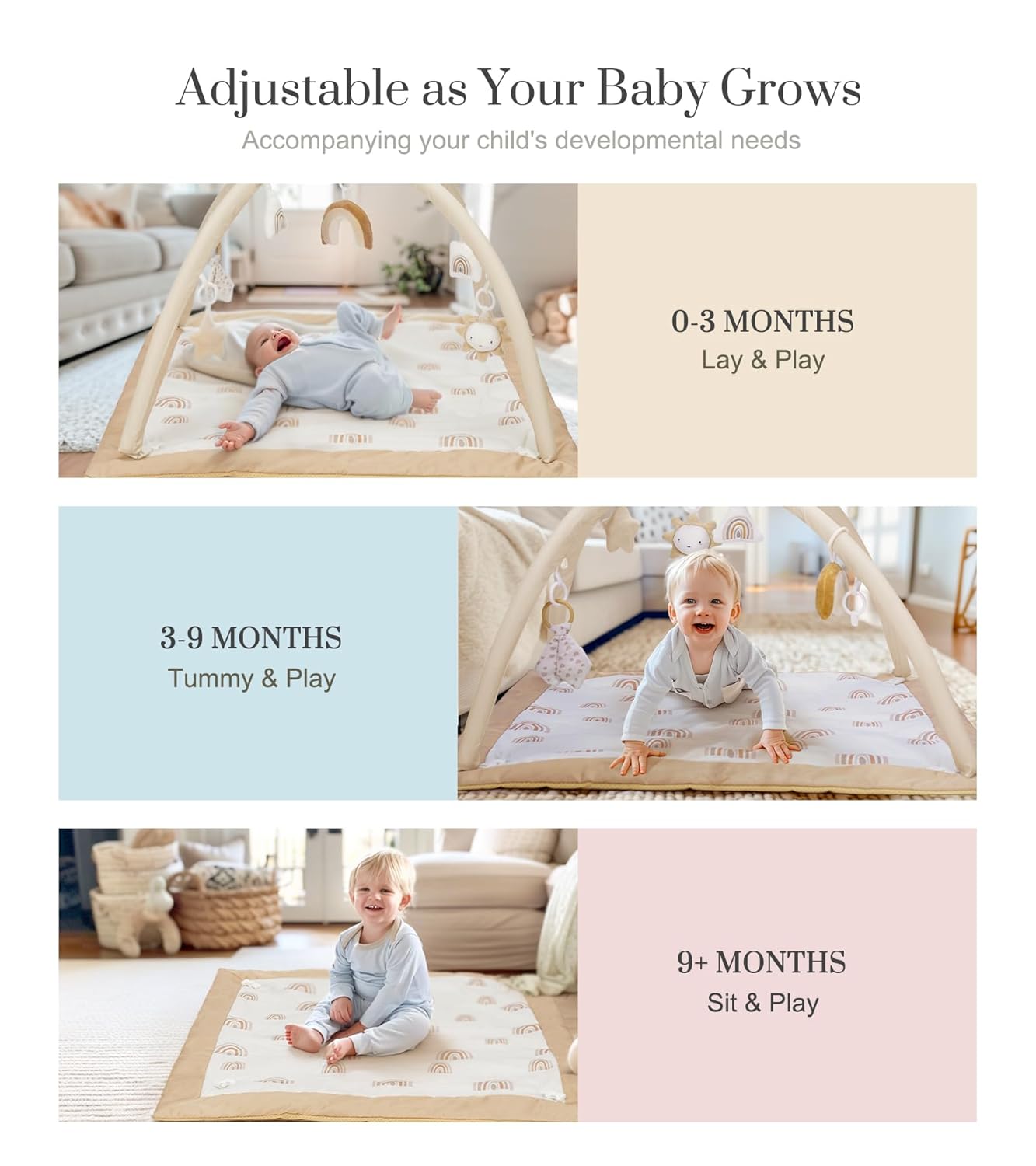 Mallify Washable Tummy Time Mat, Baby Play Gym with 6 Featured Toys, Baby Gym for Infant & Toddler, Larger Baby Play Mat, Deluxe Baby Play Mats for Floor, Sensory and Motor Skill Development, Green