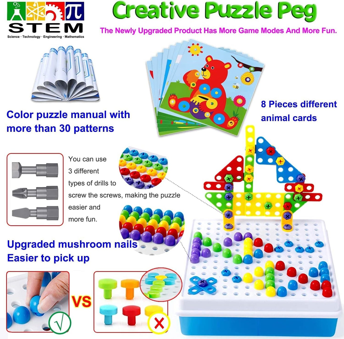 Haifeng Creative Mosaic Tool Kit with Electric Drill, 223PCS STEM Drill Set 3D Building Blocks for Kids, Montessori Educational Construction Toys, Birthday Gift for Boys Girls Ages 3 4 5 6 7 8 10