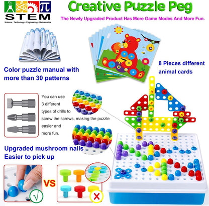 Haifeng Creative Mosaic Tool Kit with Electric Drill, 223PCS STEM Drill Set 3D Building Blocks for Kids, Montessori Educational Construction Toys, Birthday Gift for Boys Girls Ages 3 4 5 6 7 8 10