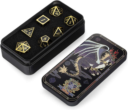 DnDnD Heavy Polyhedral Metal Dice Set with Metal Box, 7-die Shiny Blue Surface with Golden Number for RPG,Dungeons and Dragons,Pathfinder,Shadowrun,D&D,Role Palying Game and Math Teaching - Colors A