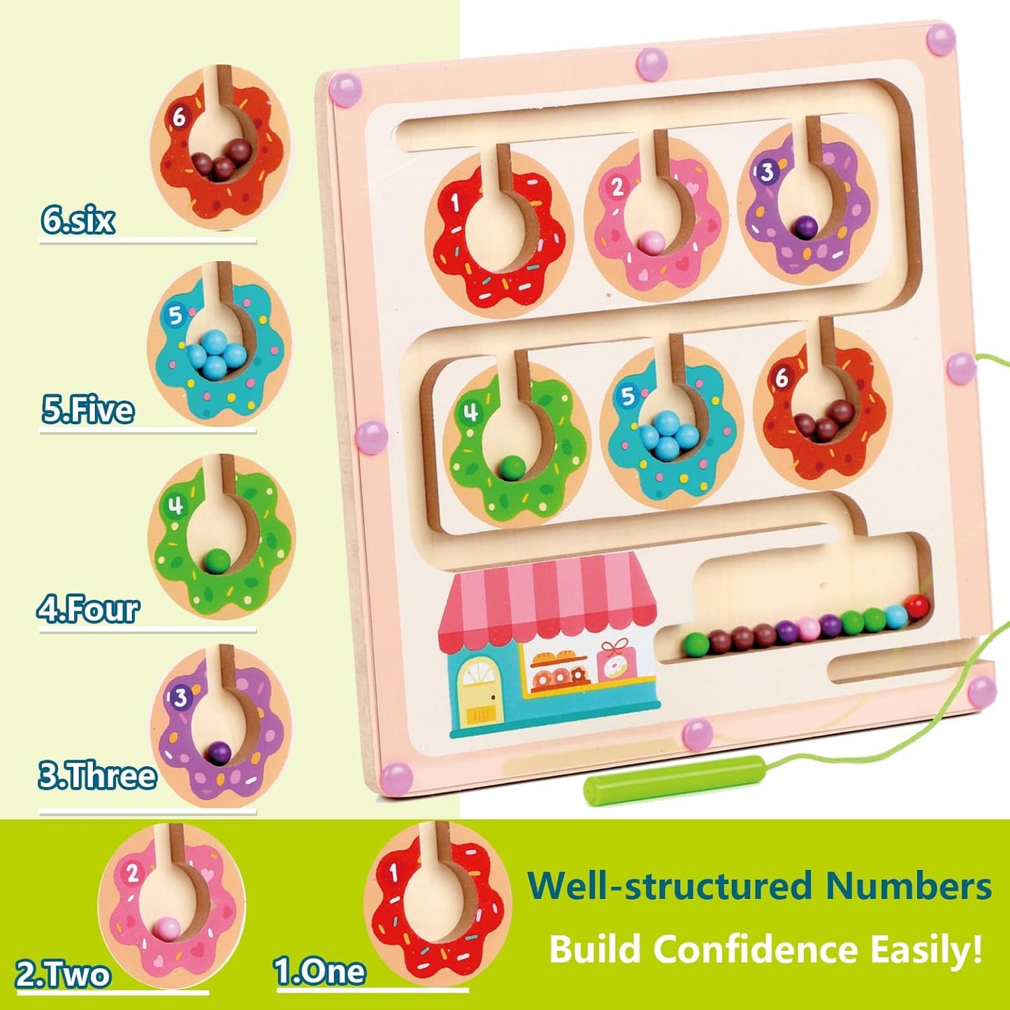 QimuMku Montessori Busy Board for Toddlers 2-4 - Magnetic Color and Number Maze Wooden Ice Cream Matching Game 1-6 Counting Learning Toys for Boys Girls Road Trip Essentials