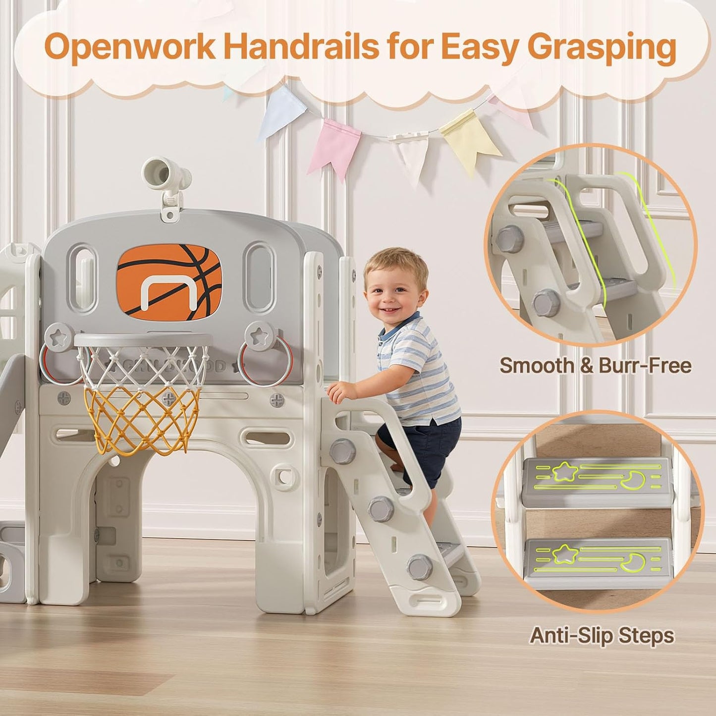 BIERUM 9 in 1 Toddler Slide, Kid Slide for Toddlers Age 1-3 with Ring Toss, Basketball Hoop, and Telescope, Indoor Outdoor Playset Playground Beige Gray